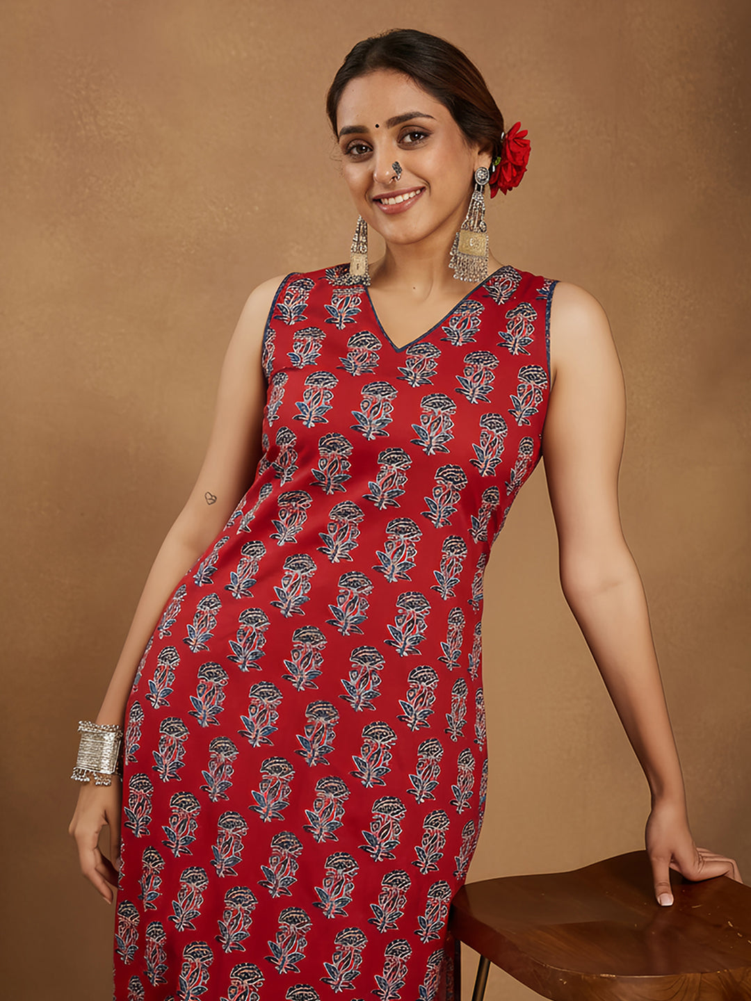 Naari By Shree Women's Maroon Pure Cotton Floral Printed Straight Kurta Pant Set