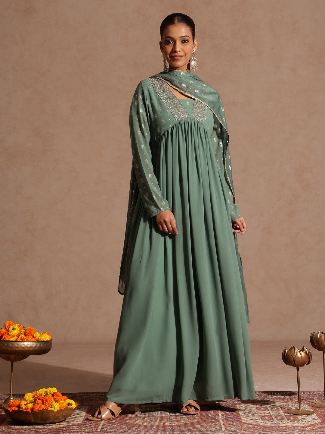 Naari By Shree Women's Sage Green Georgette Embellished Foil Printed Gathered Kurta With Dupatta Set