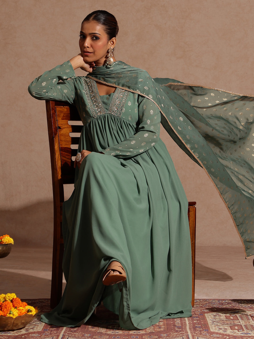 Naari By Shree Women's Sage Green Georgette Embellished Foil Printed Gathered Kurta With Dupatta Set