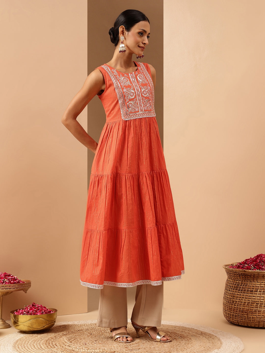 Naari By Shree Women's Orange Pure Cotton Yoke Embroidered Tiered Kurta