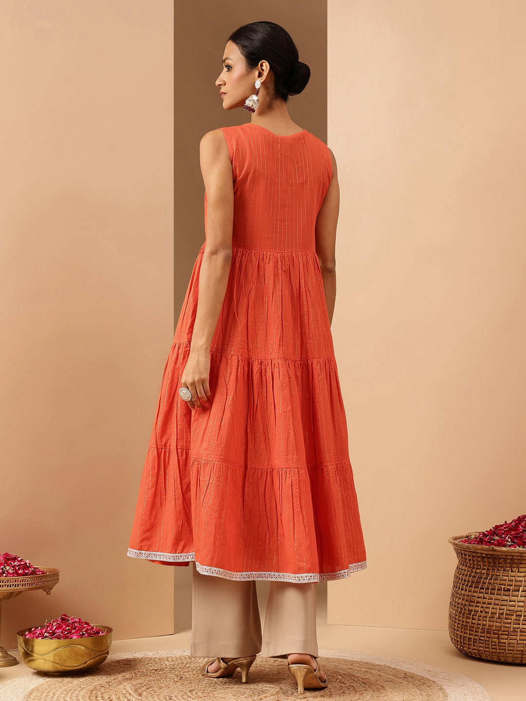 Naari By Shree Women's Orange Pure Cotton Yoke Embroidered Tiered Kurta