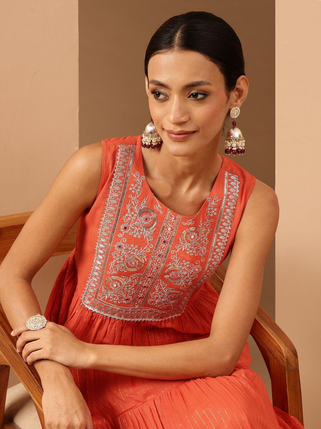 Naari By Shree Women's Orange Pure Cotton Yoke Embroidered Tiered Kurta