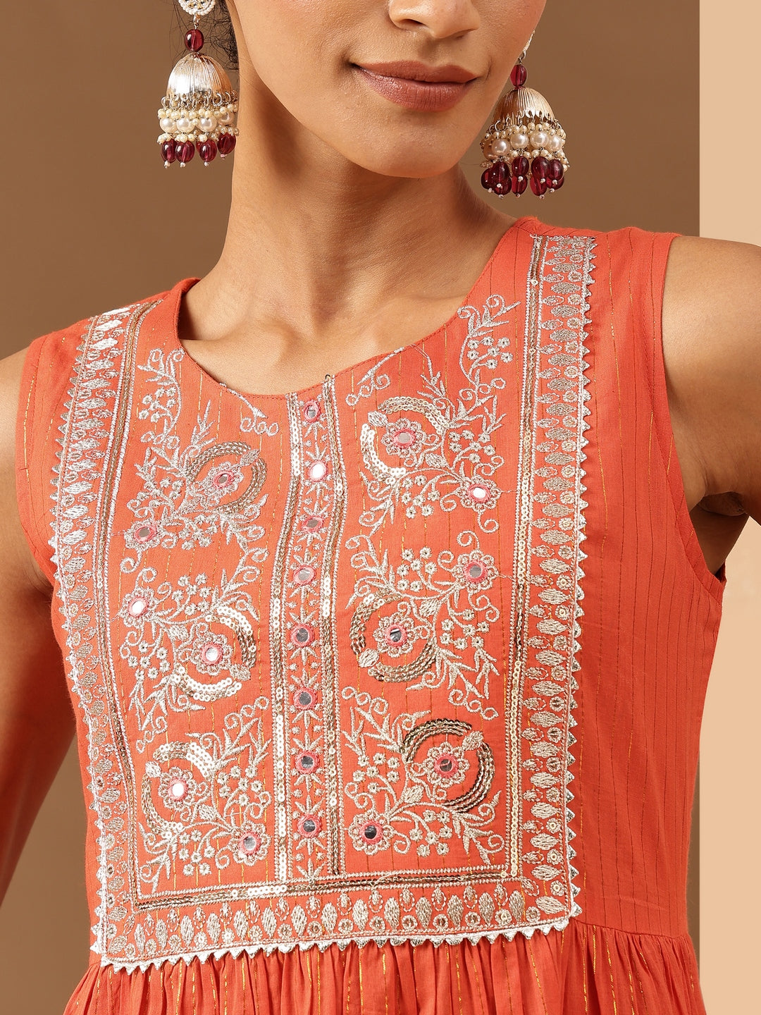 Naari By Shree Women's Orange Pure Cotton Yoke Embroidered Tiered Kurta