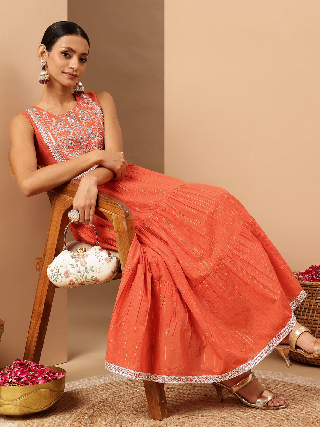 Naari By Shree Women's Orange Pure Cotton Yoke Embroidered Tiered Kurta