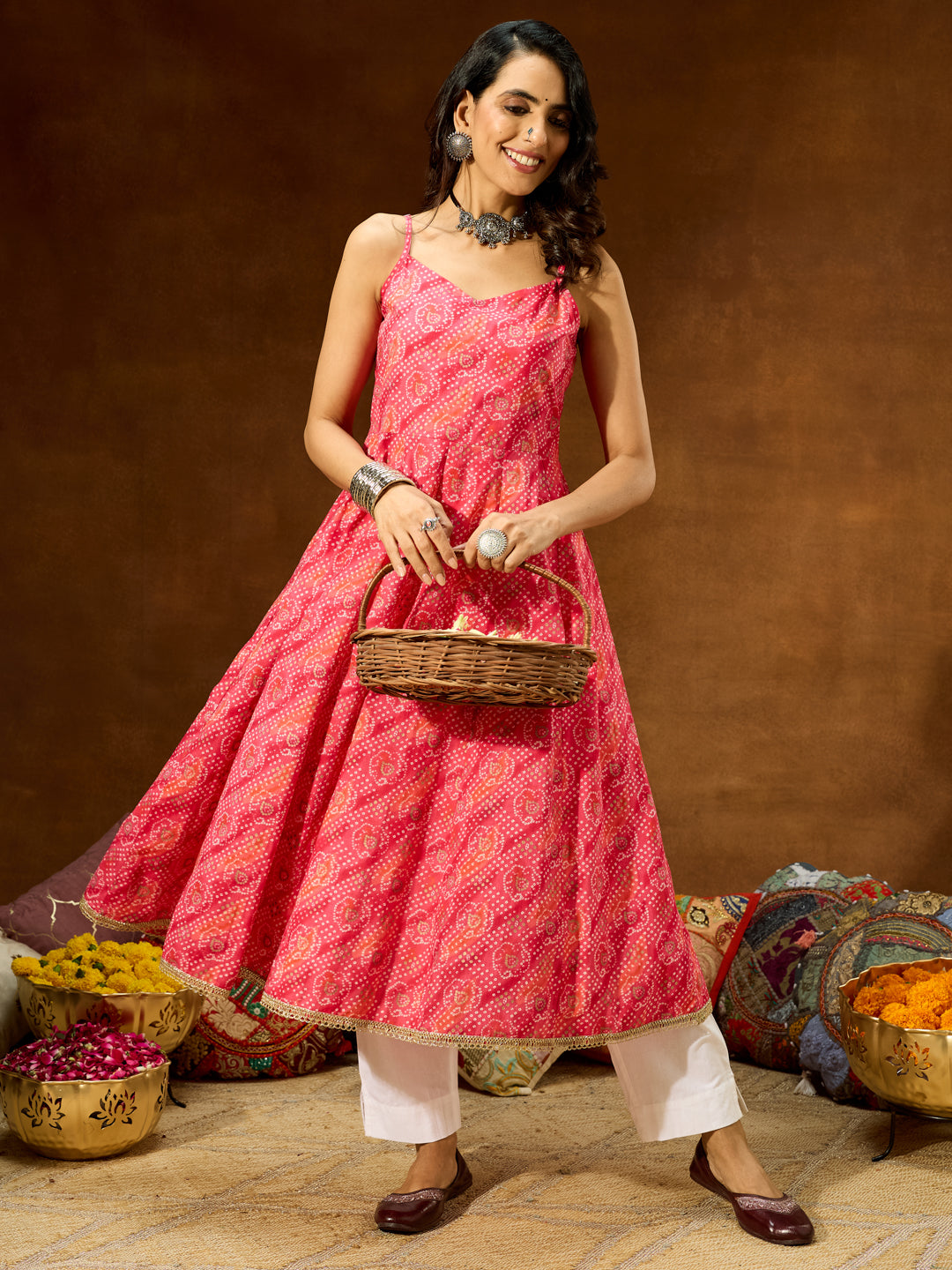 Naari By Shree Women's Pink Pure Cotton Bandhani Printed Anarkali Kurta