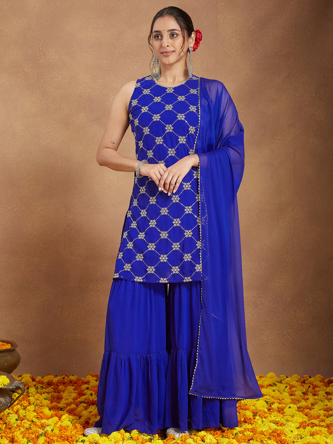 Naari By Shree Women's Royal Blue Georgette Zari Embroidered Straight Kurta With Sharara & Dupatta Set