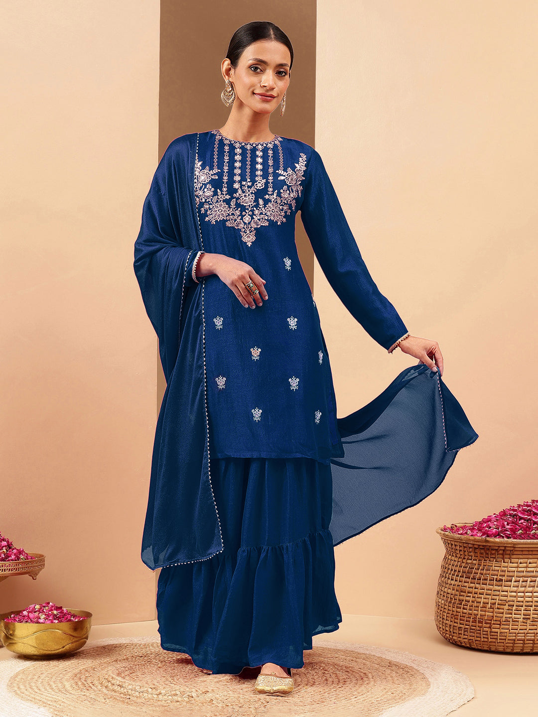 Naari By Shree Women's Teal Blue Silk Blend Zari Embroidered Straight Kurta With Sharara & Dupatta Set