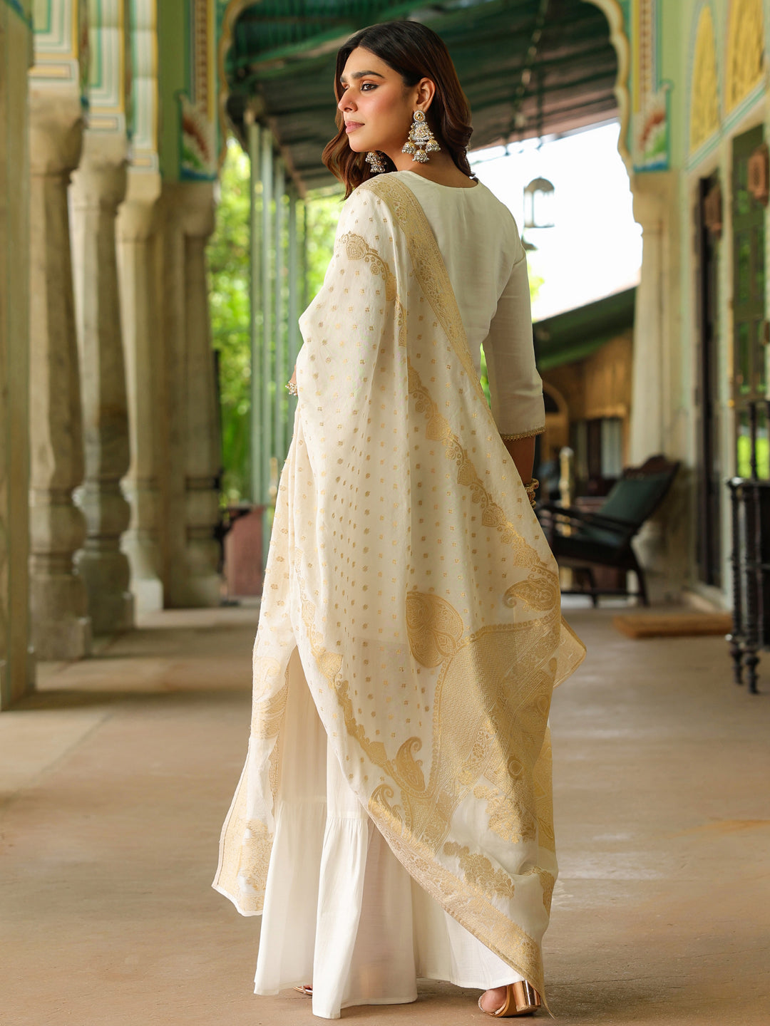 Naari By Shree Women's Off White Chanderi Silk Embroidered Mirror Work Kurta With Sharara & Dupatta Set