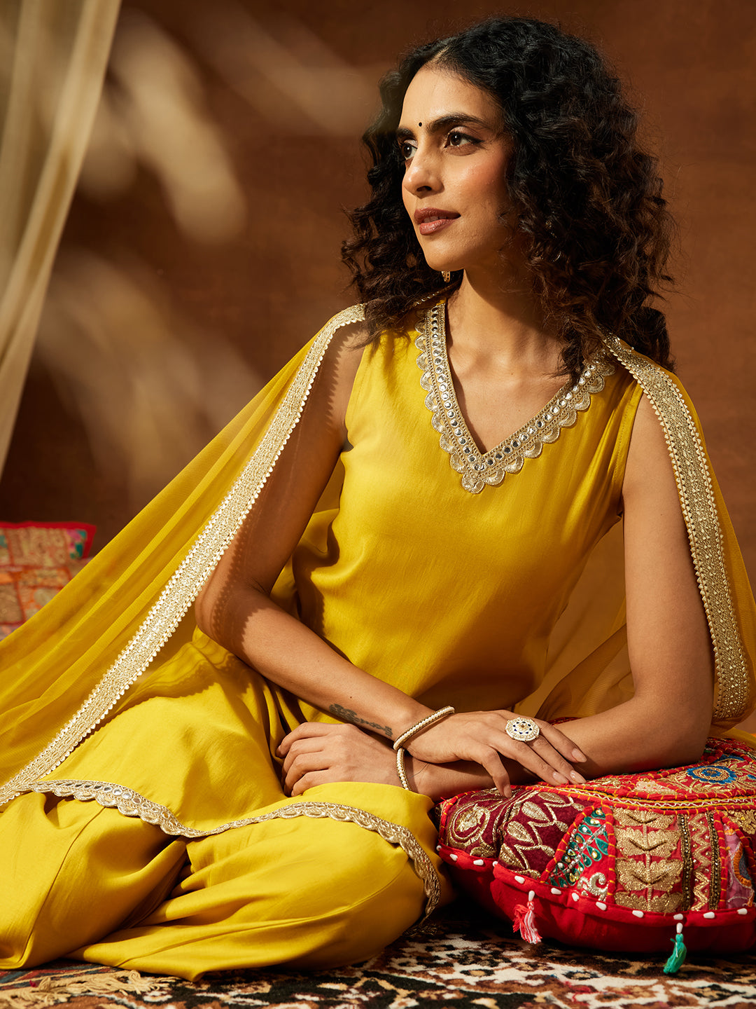 Naari By Shree Women's Yellow Chanderi Silk Embellished Straight Kurta With Sharara & Dupatta Set