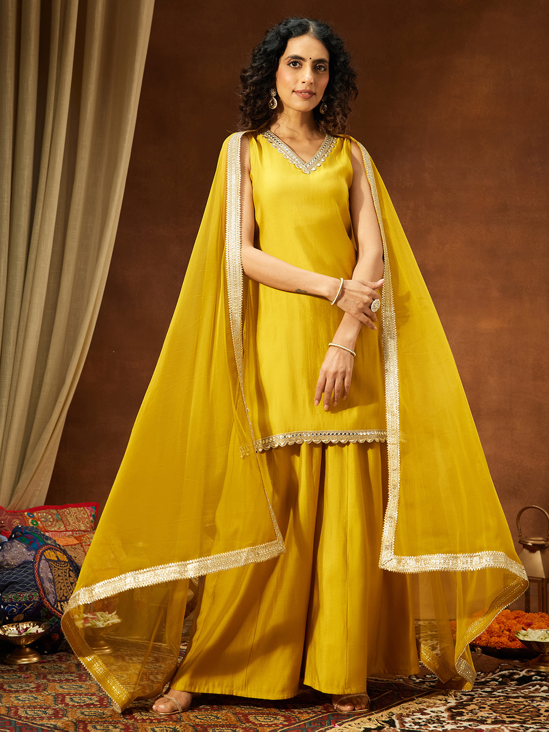 Naari By Shree Women's Yellow Chanderi Silk Embellished Straight Kurta With Sharara & Dupatta Set