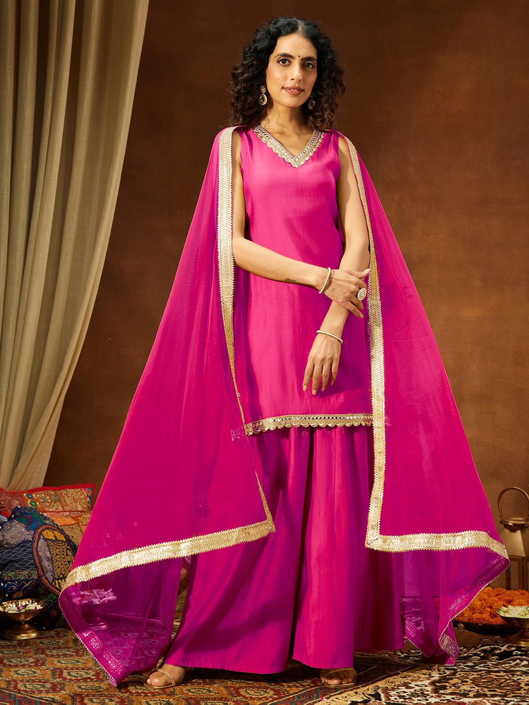 Naari By Shree Women's Pink Chanderi Silk Embellished Straight Kurta With Sharara & Dupatta Set