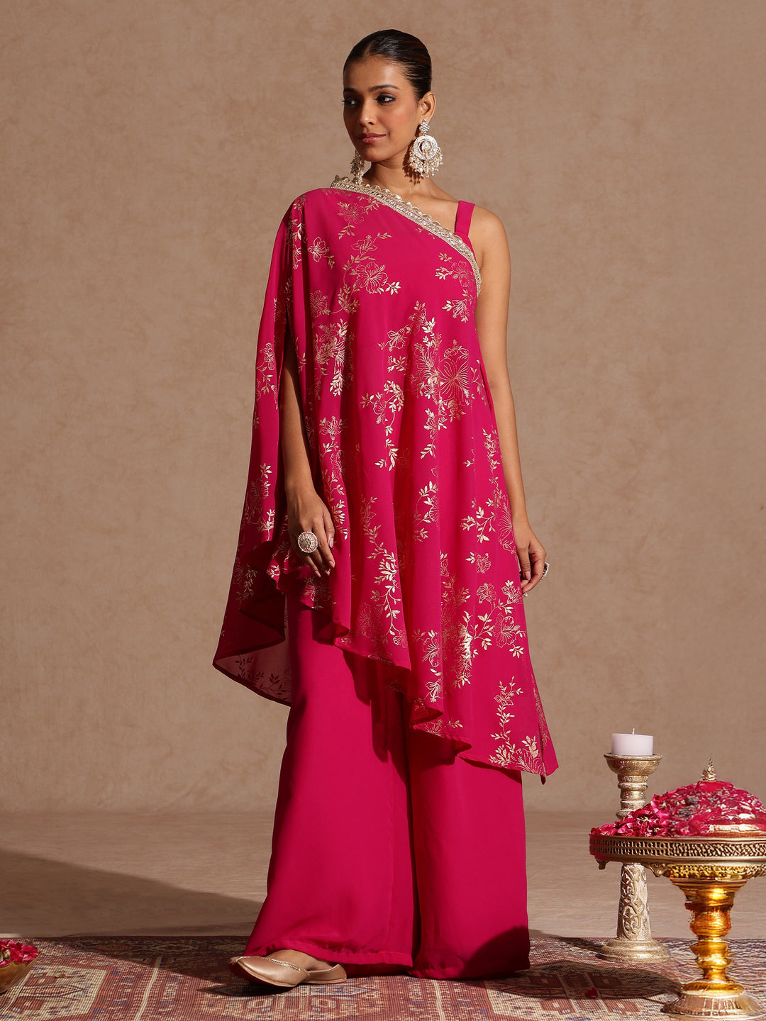 Naari By Shree Women's Pink Embellished Gold Printed Crop Top With Palazzo & Tie-up Cape Set