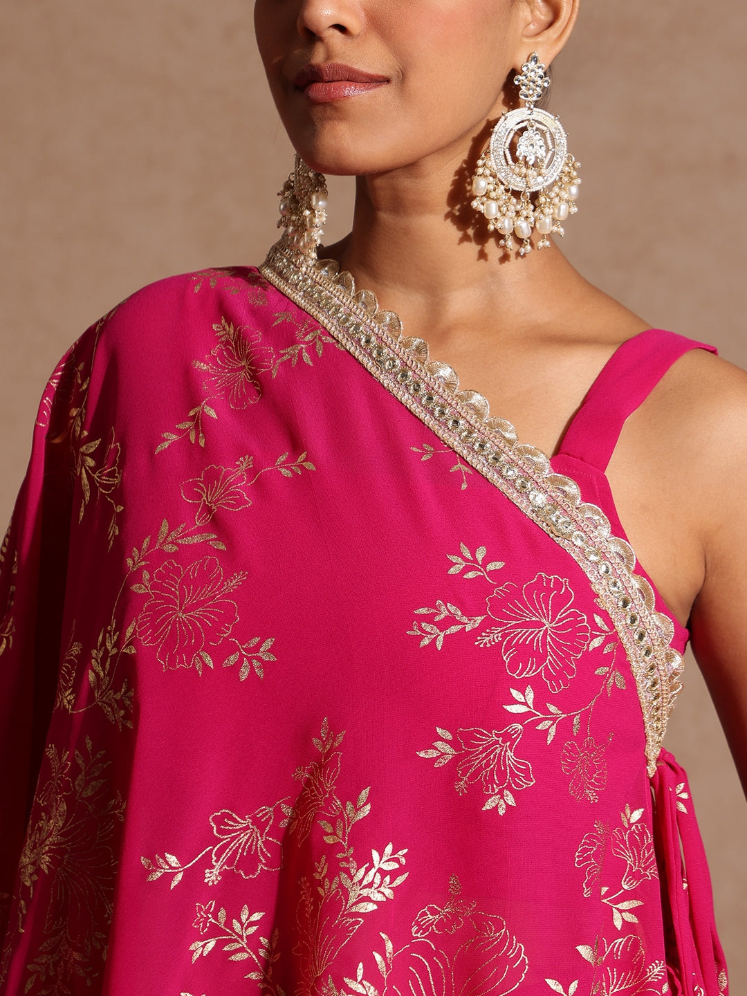 Naari By Shree Women's Pink Embellished Gold Printed Crop Top With Palazzo & Tie-up Cape Set