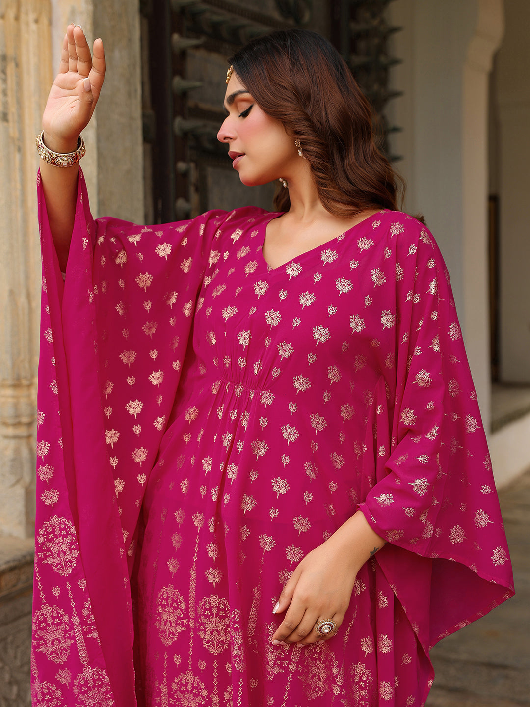 Naari By Shree Women's Pink Georgette Foil Printed Kaftan Kurta With Palazzo Set