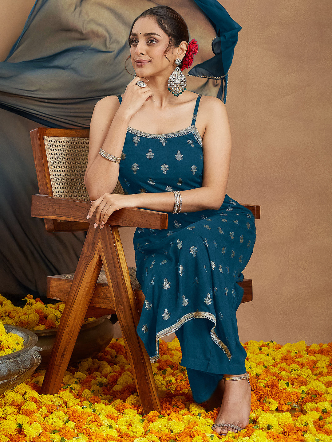 Naari By Shree Women's Teal Blue Rayon Embellished Gold Printed Straight Kurta Set