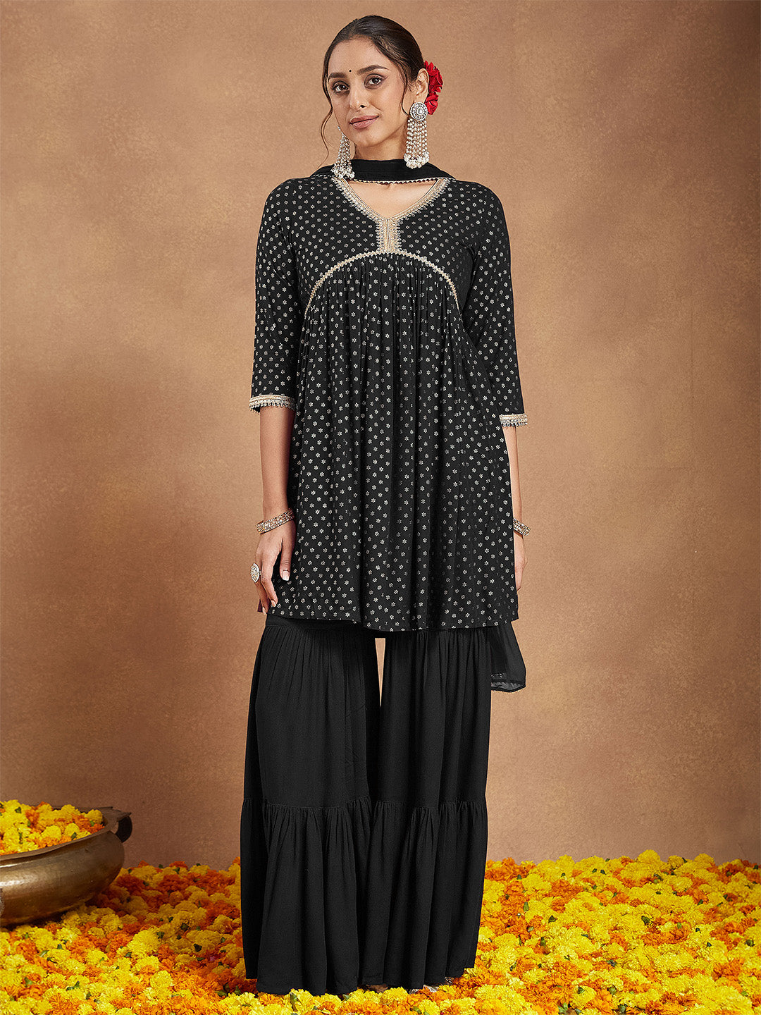 Naari By Shree Women's Black Rayon Foil Printed A-line Kurta With Sharara & Dupatta Set