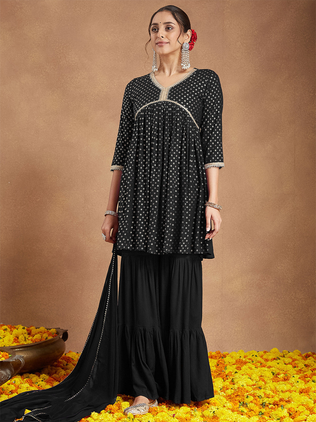 Naari By Shree Women's Black Rayon Foil Printed A-line Kurta With Sharara & Dupatta Set