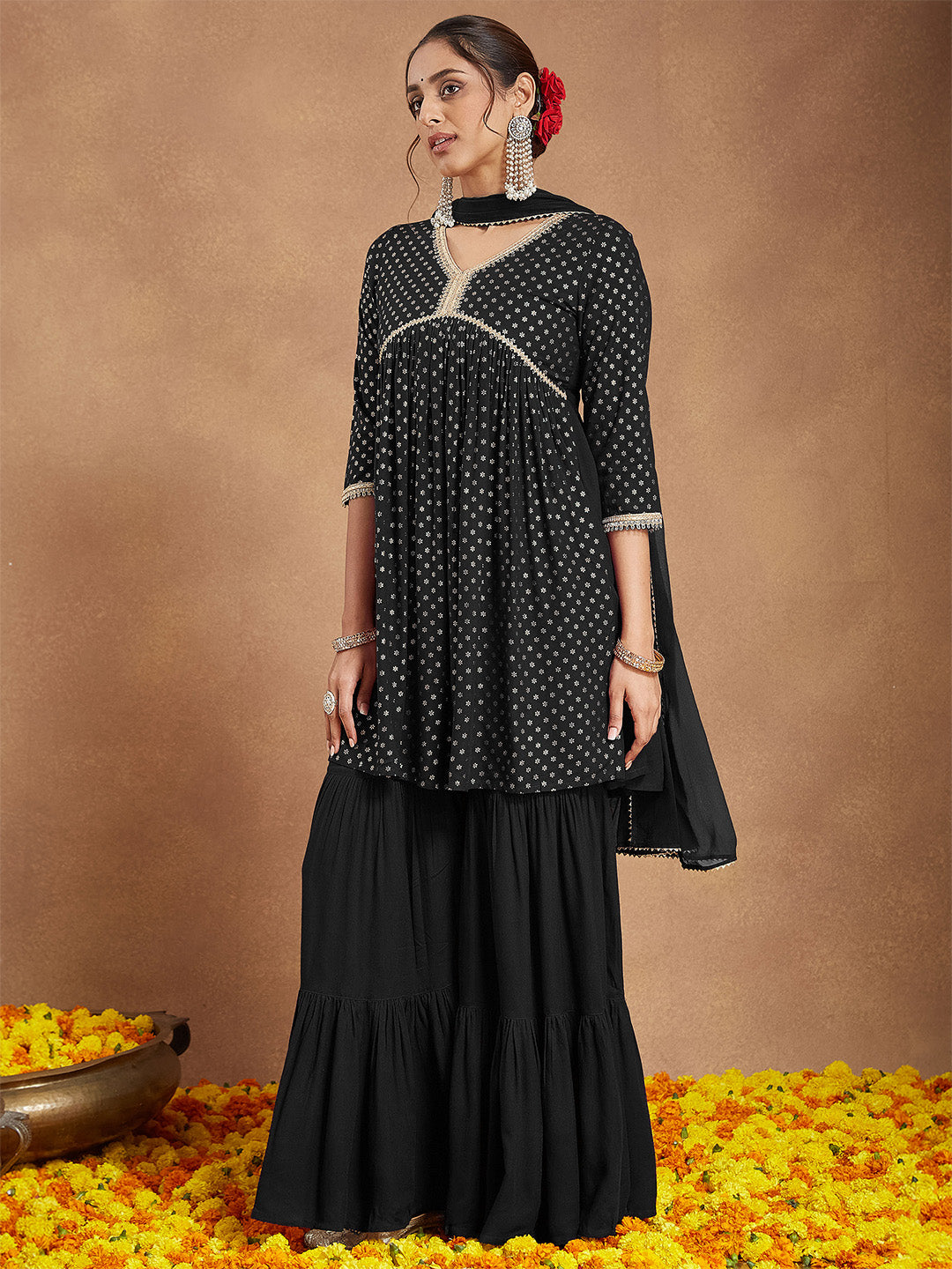Naari By Shree Women's Black Rayon Foil Printed A-line Kurta With Sharara & Dupatta Set