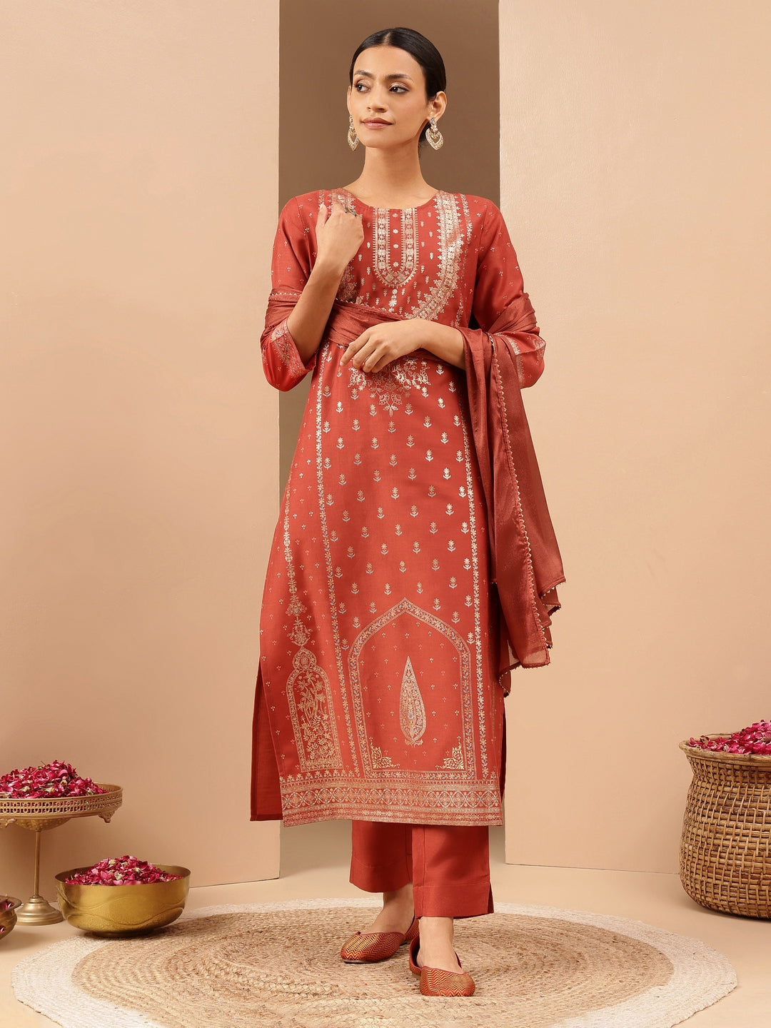 Naari By Shree Women's Rust Silk Blend Ethnic Gold Printed Straight Kurta Set