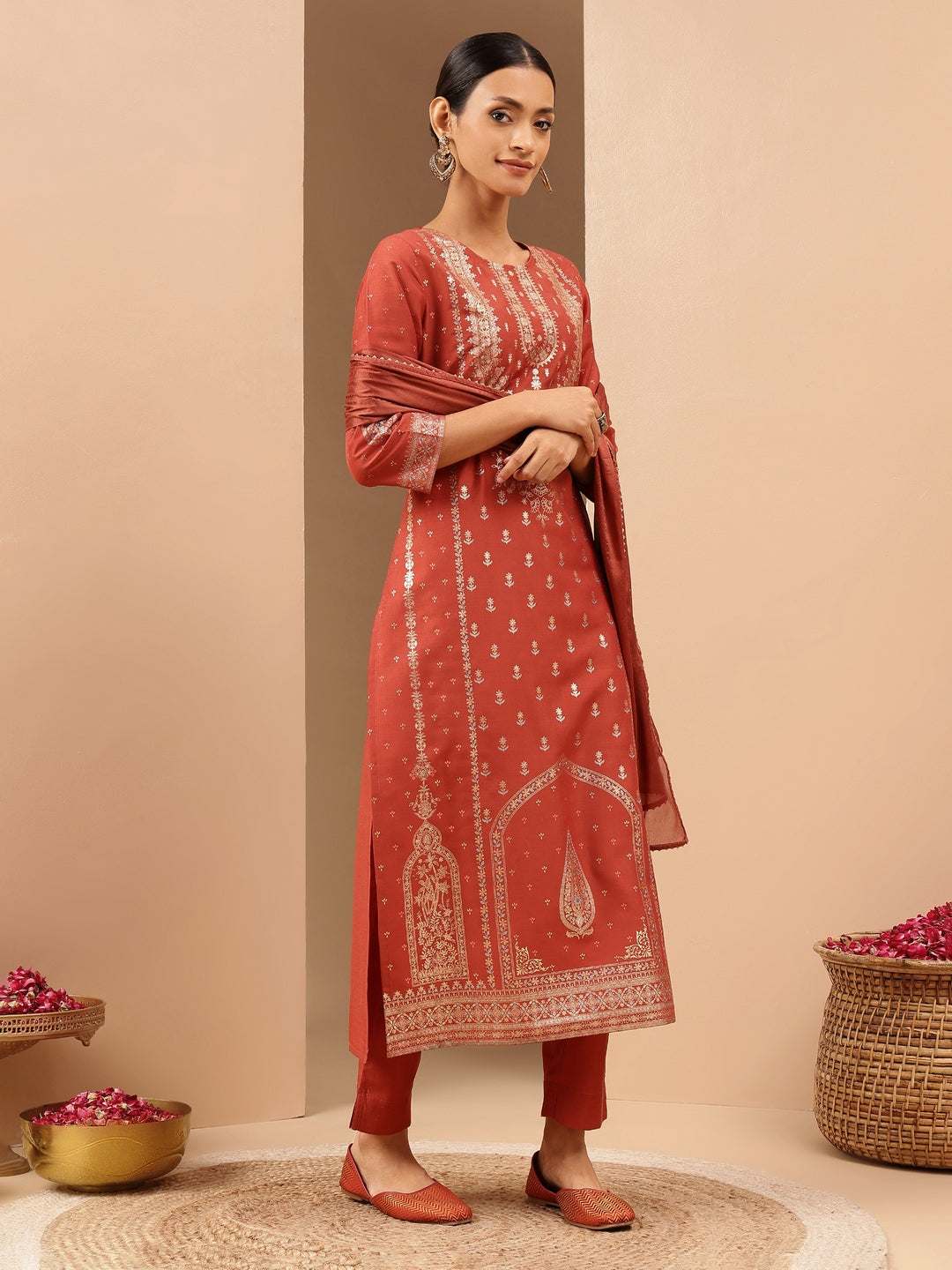 Naari By Shree Women's Rust Silk Blend Ethnic Gold Printed Straight Kurta Set