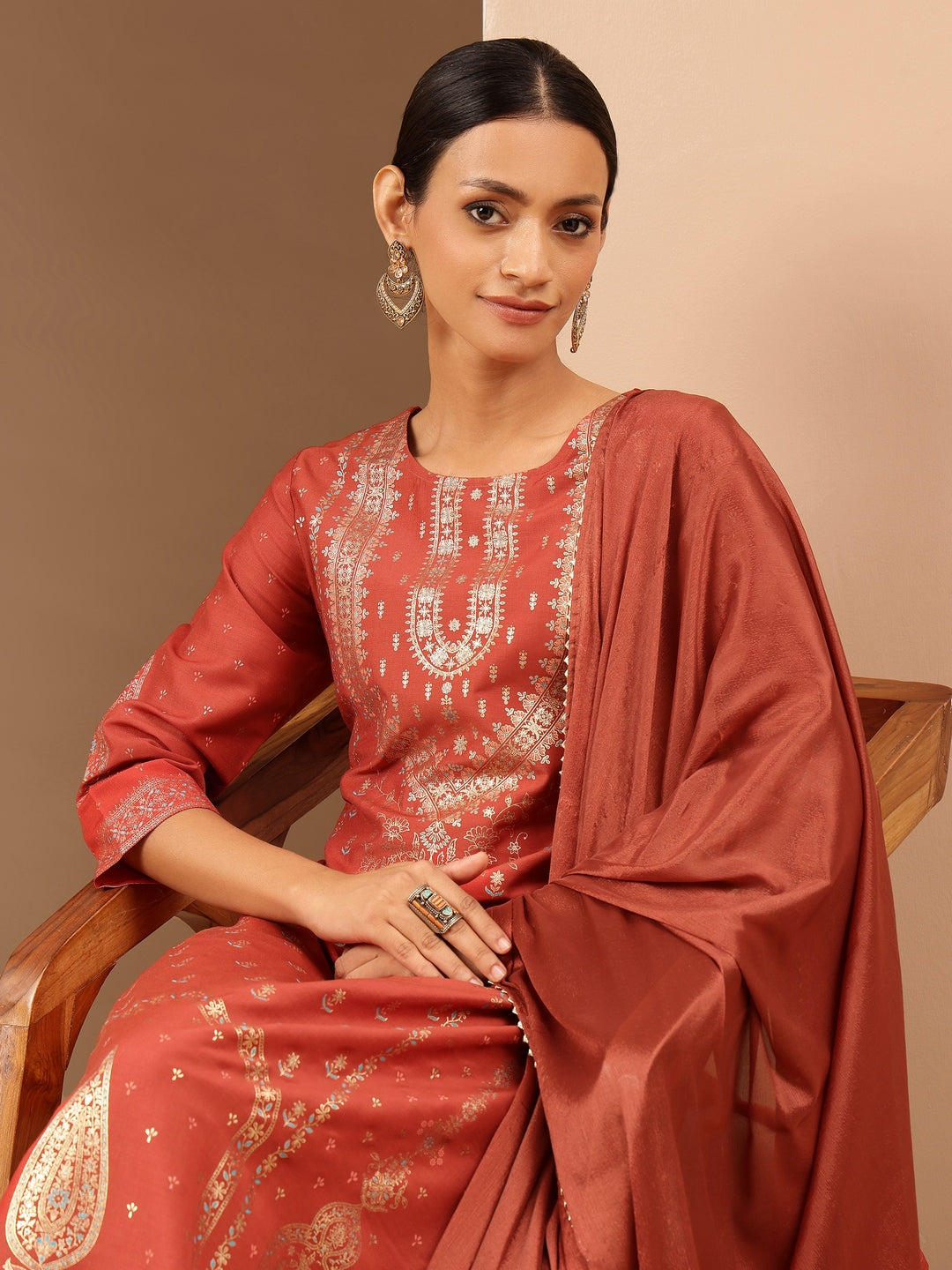 Naari By Shree Women's Rust Silk Blend Ethnic Gold Printed Straight Kurta Set