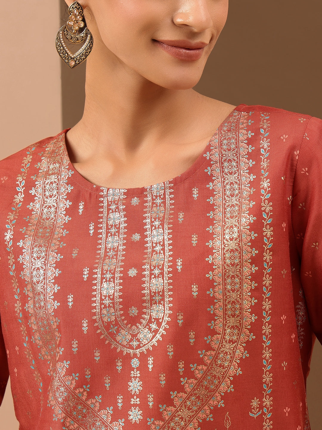 Naari By Shree Women's Rust Silk Blend Ethnic Gold Printed Straight Kurta Set