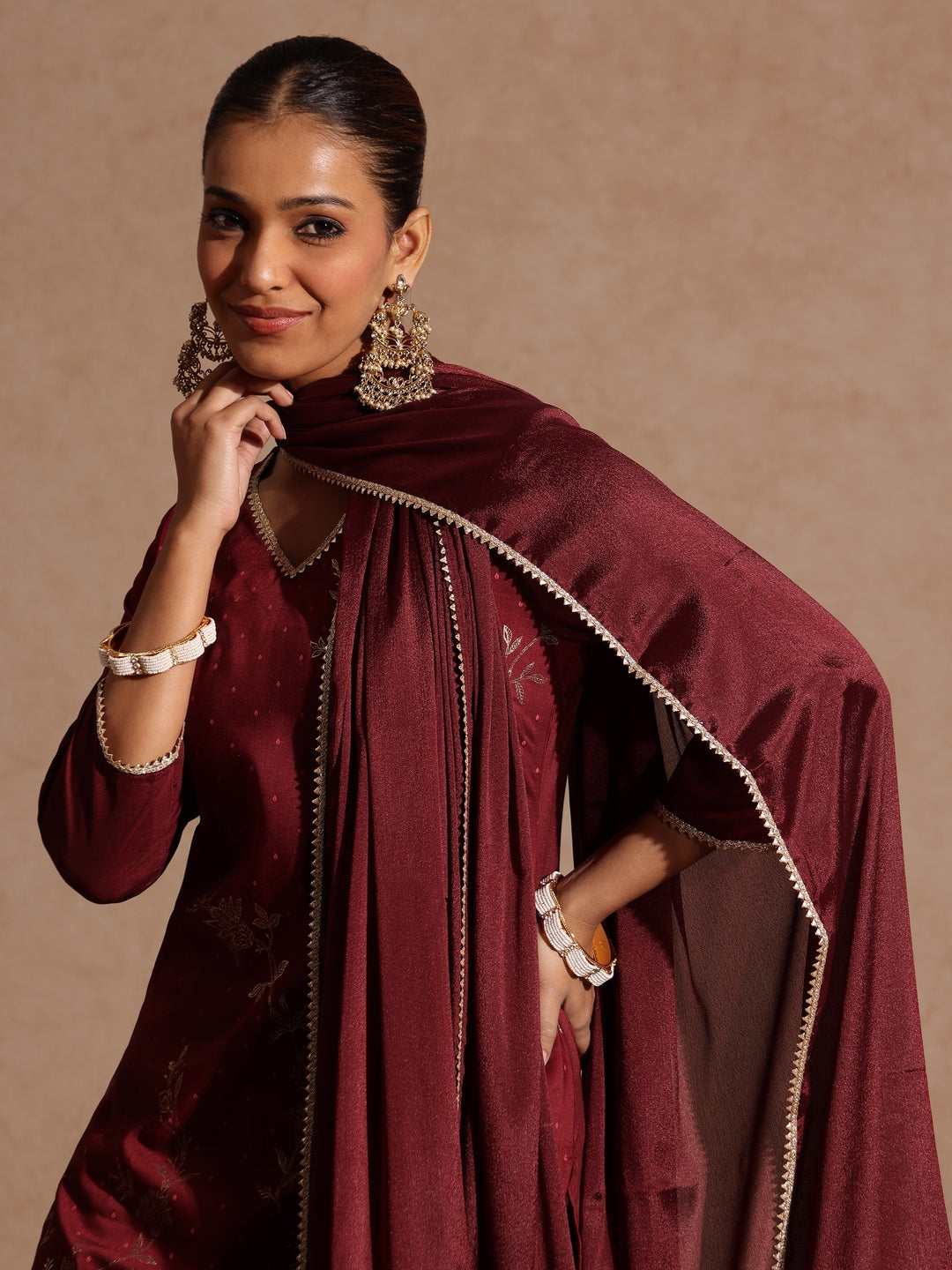 Naari By Shree Women's Maroon Silk Blend Gold Printed Straight Kurta Set