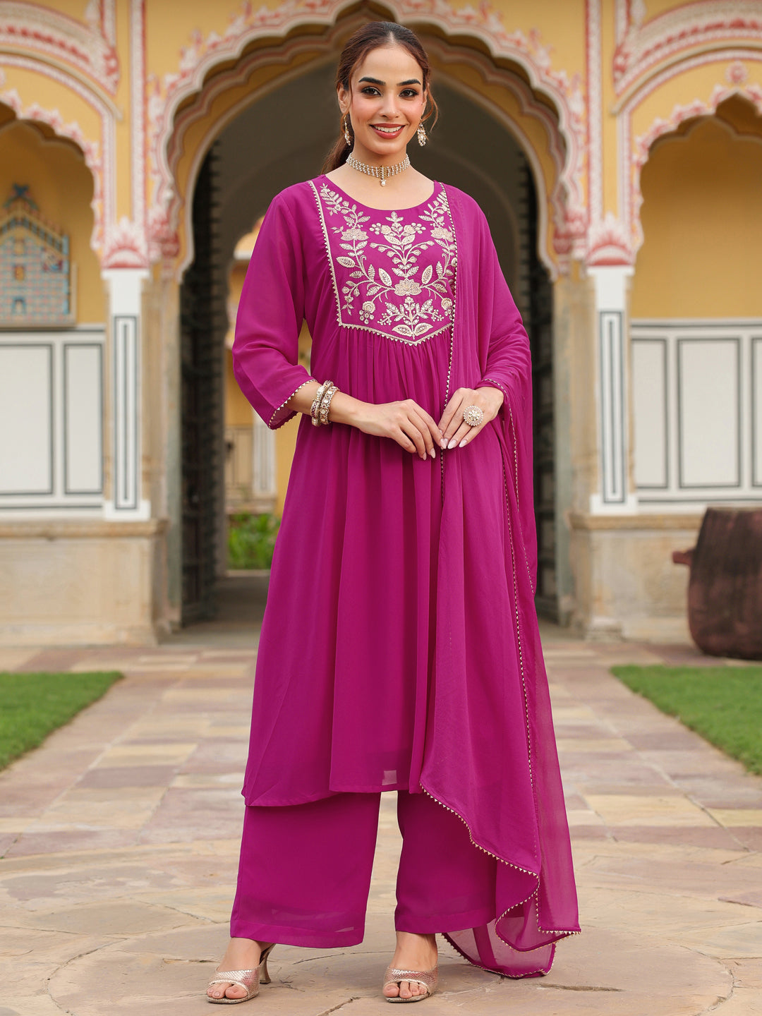 Naari By Shree Women's Pink Georgette Embroidered A-line Kurta With Palazzo Dupatta Set