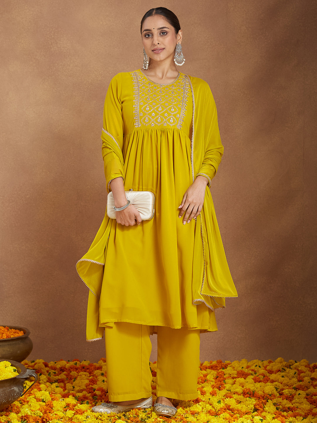 Naari By Shree Women's Mustard Georgette Zari Yoke Embroidery A-line Kurta With Palazzo & Dupatta Set