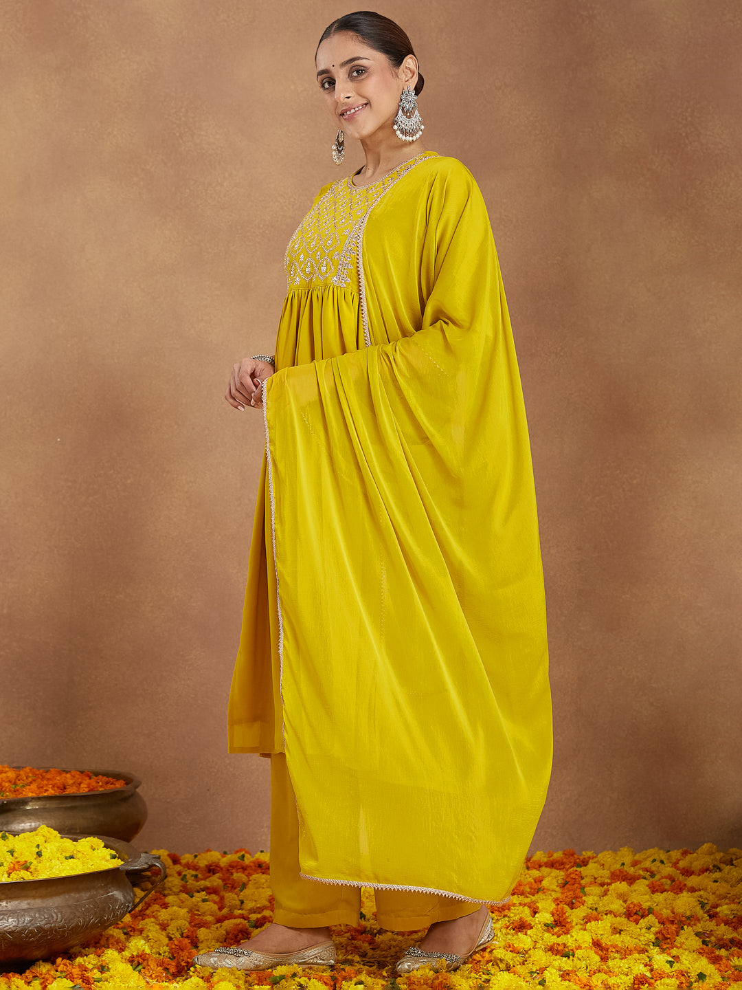 Naari By Shree Women's Mustard Georgette Zari Yoke Embroidery A-line Kurta With Palazzo & Dupatta Set