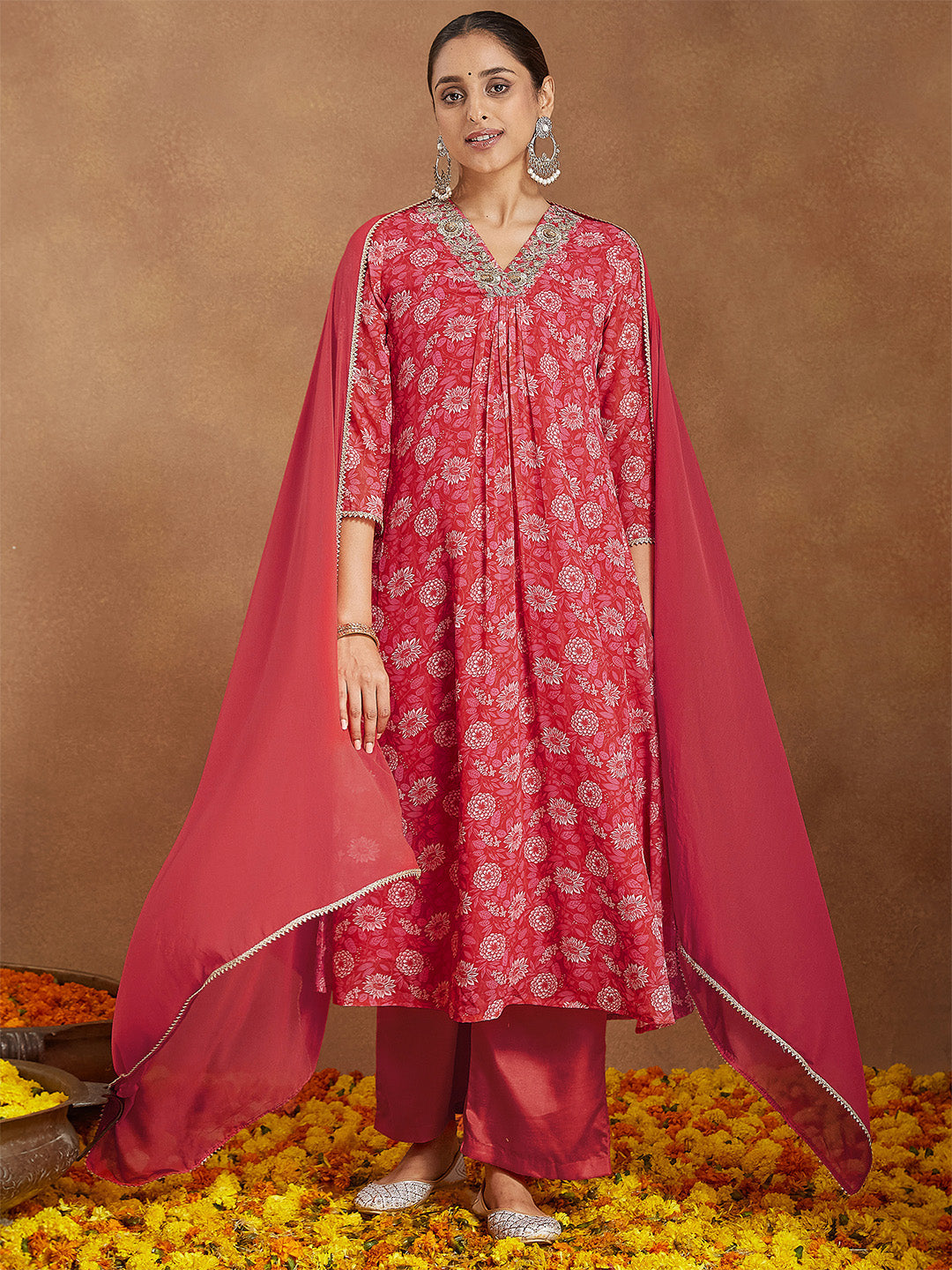 Naari By Shree Women's Red Georgette Embellished Floral Printed A-line Kurta Set