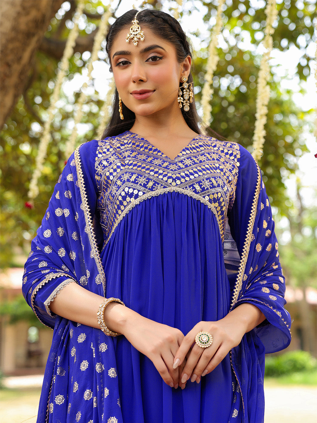 Naari By Shree Women's Royal Blue Georgette Embellished A-line Kurta With Palazzo Dupatta Set