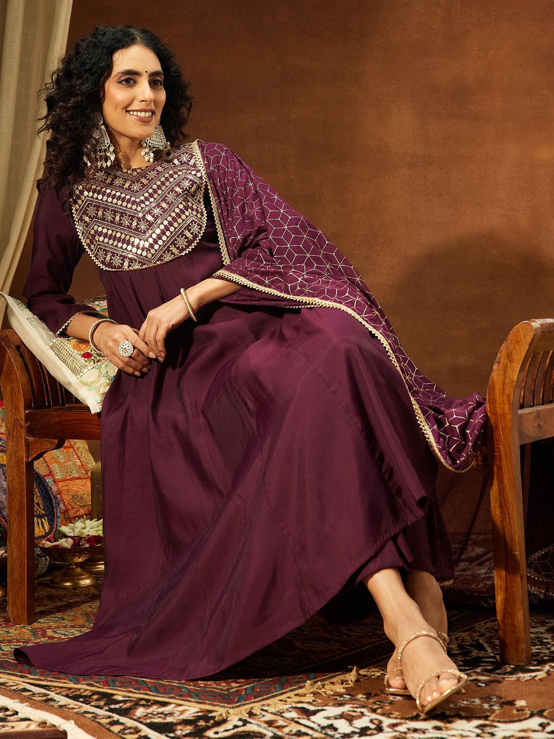 Naari By Shree Women's Wine Chanderi Silk Embellished A-line Kurta Set