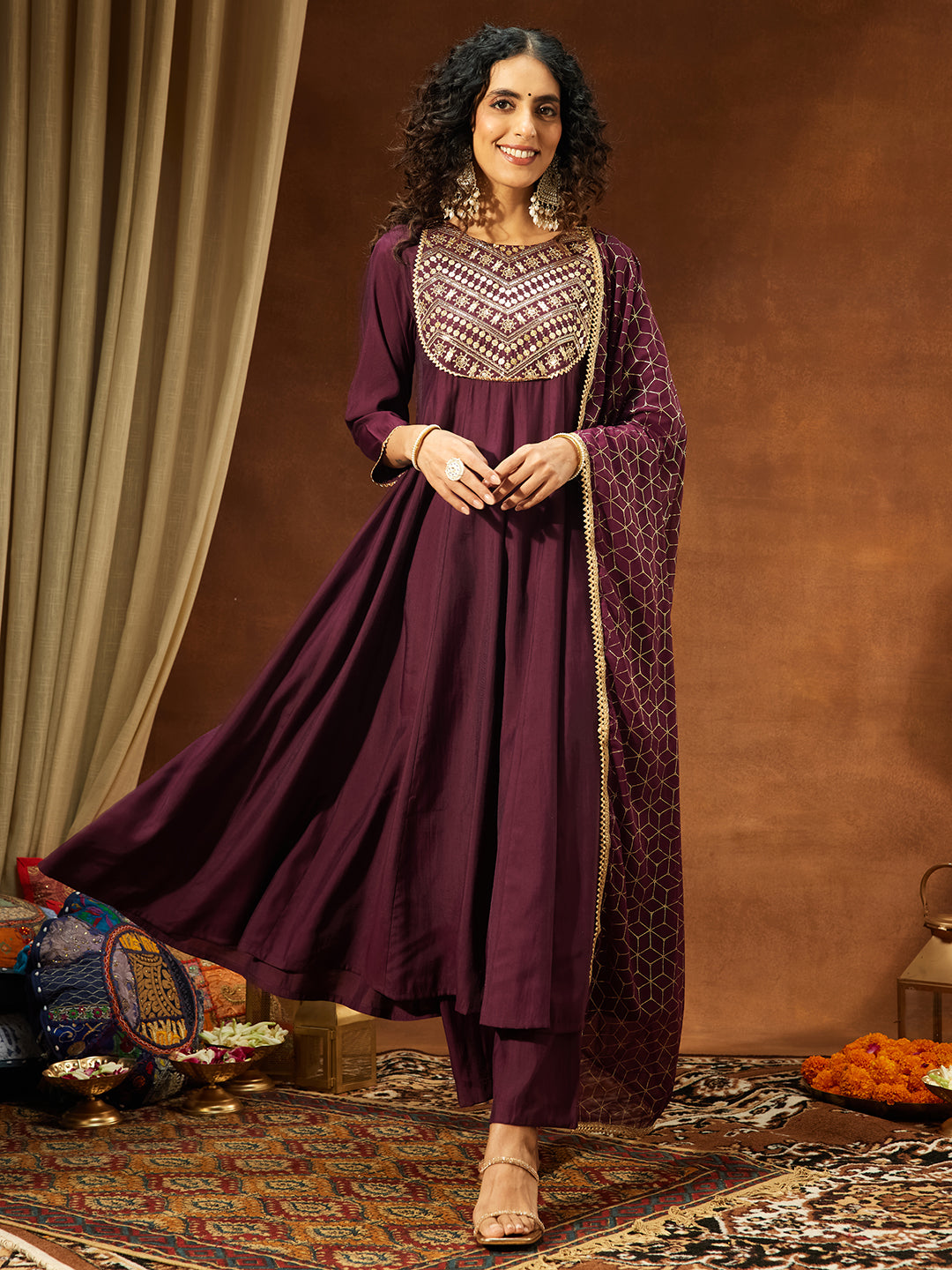 Naari By Shree Women's Wine Chanderi Silk Embellished A-line Kurta Set