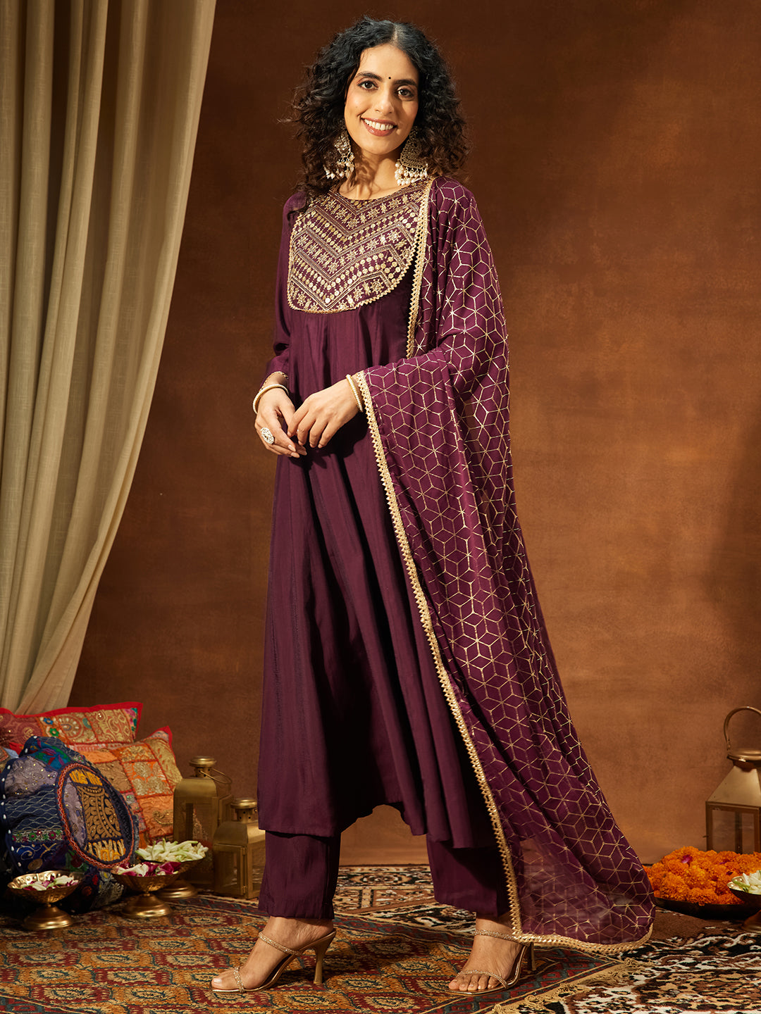 Naari By Shree Women's Wine Chanderi Silk Embellished A-line Kurta Set