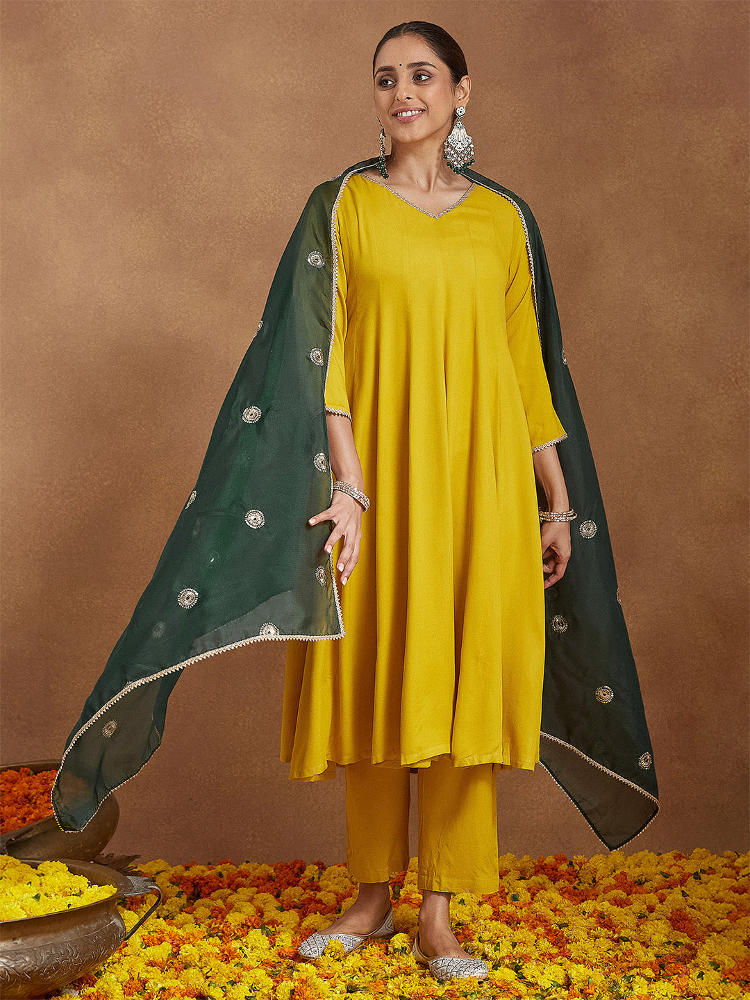 Naari By Shree Women Mustard Yellow Rayon Embellished Anarkali Kurta Set With Green Dupatta