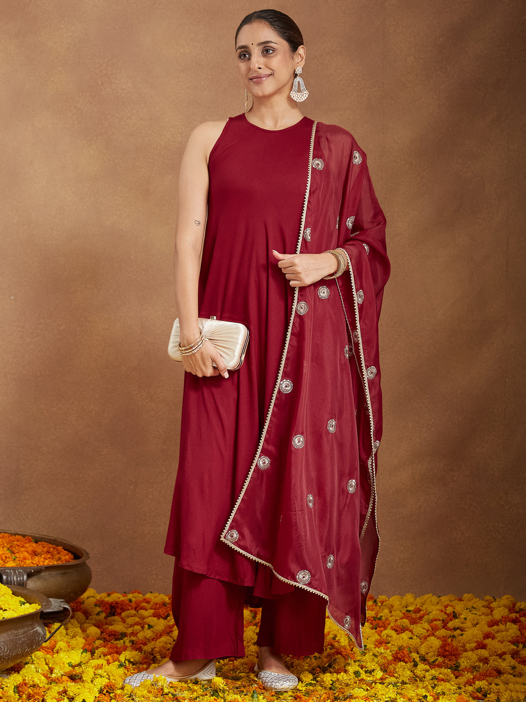 Naari By Shree Women's Maroon Rayon Embellished A-line Flared Kurta Set