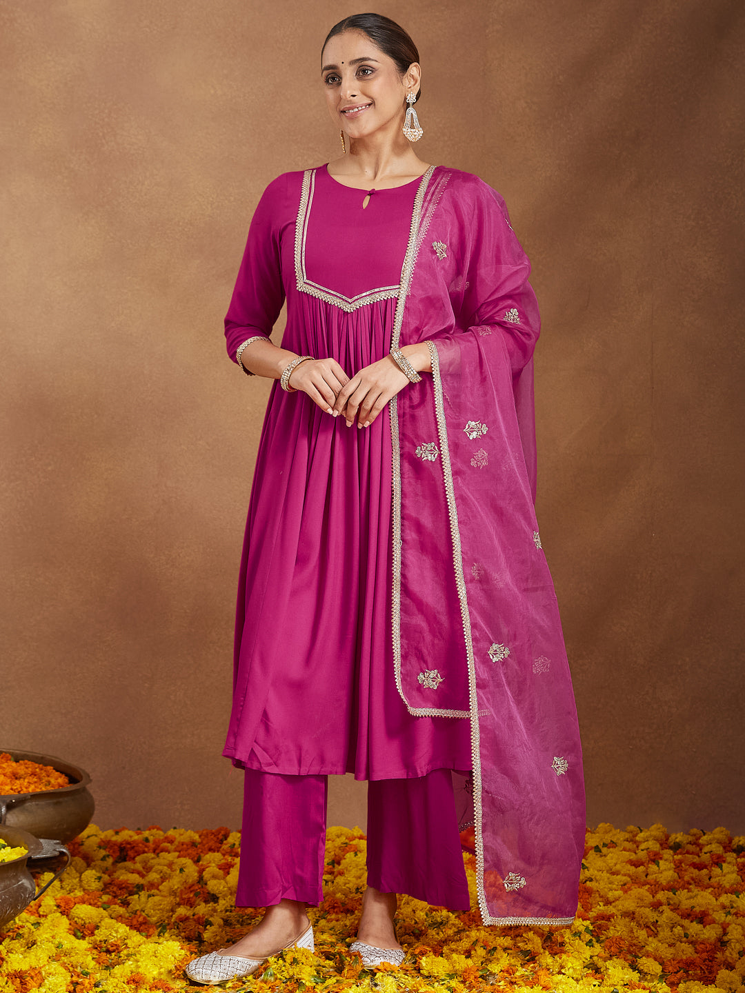 Naari By Shree Women's Pink Rayon Yoke Design A-line Kurta With Palazzo & Dupatta Set