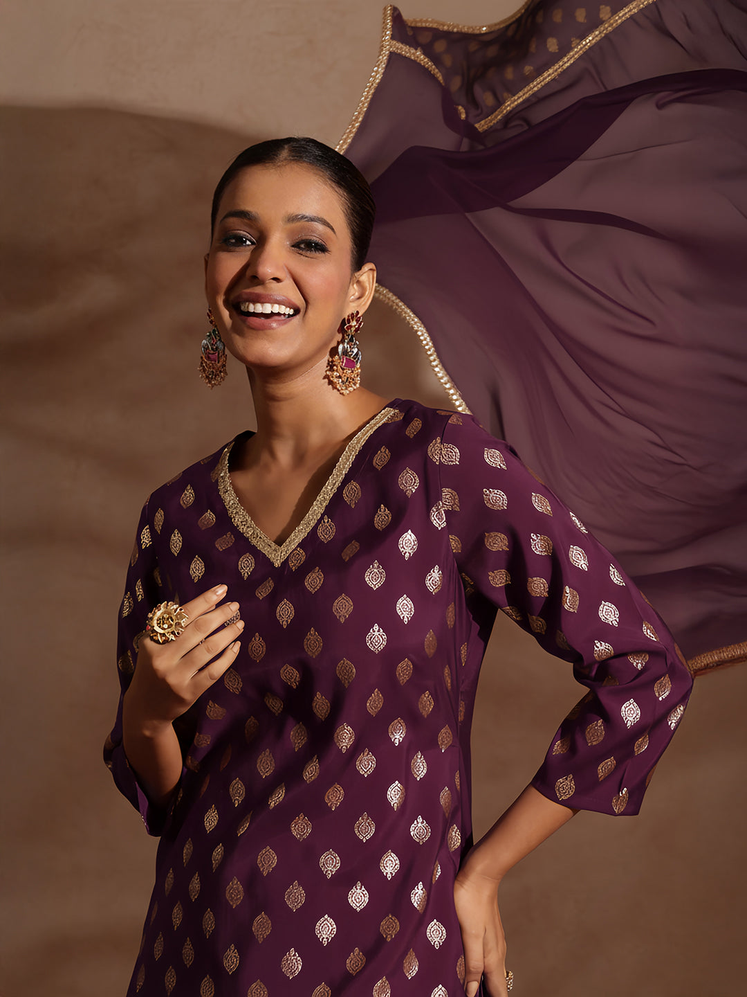 Naari By Shree Women's Purple Chanderi Silk Embellished Gold Printed Kurta With Sharara & Dupatta Set