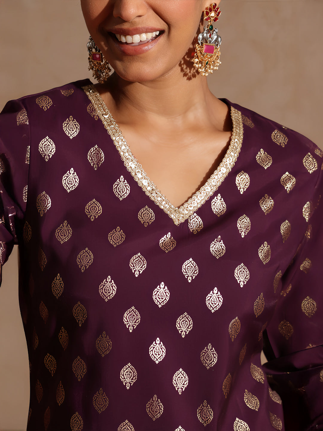Naari By Shree Women's Purple Chanderi Silk Embellished Gold Printed Kurta With Sharara & Dupatta Set