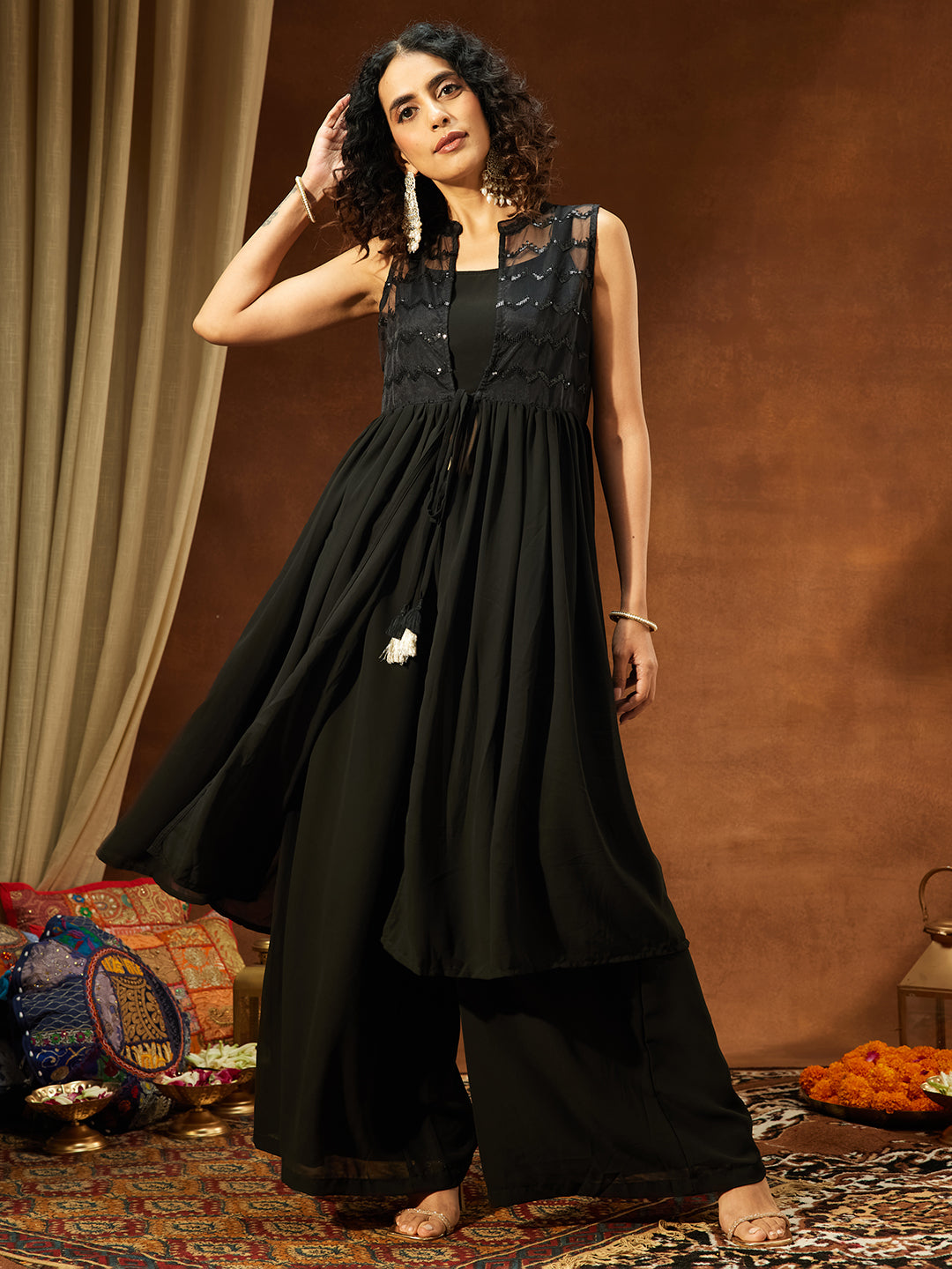 Naari By Shree Women Black Georgette Sequinned Front-slit Jacket With Crop Top & Palazzo Set