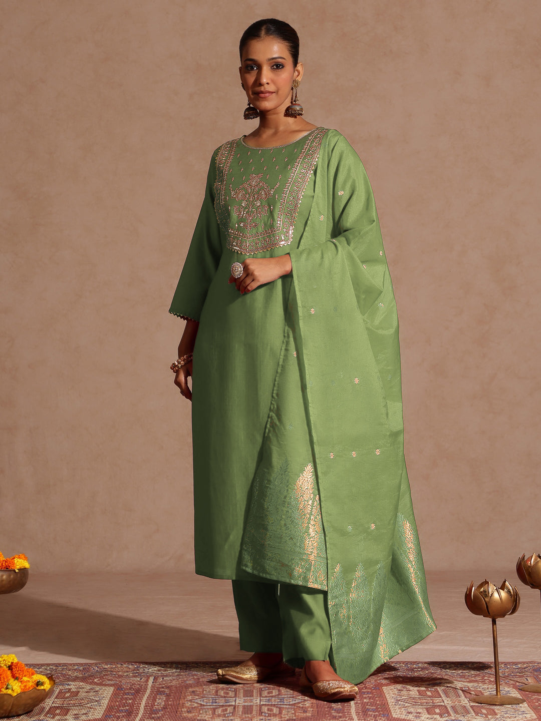 Naari By Shree Women's Sage Green Silk Blend Zari Yoke Embroidered Straight Kurta Set With Dupatta