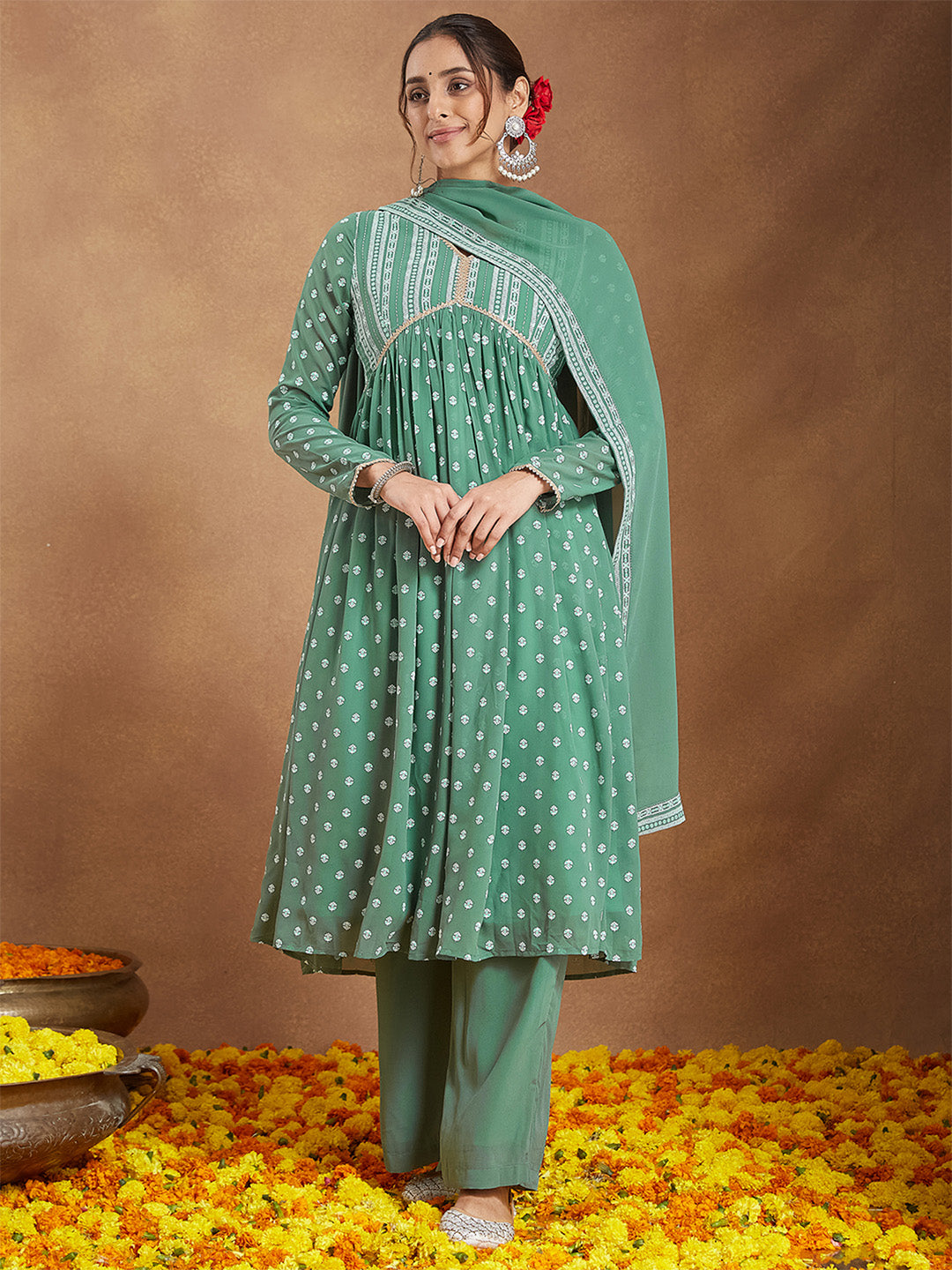 Naari By Shree Women's Sage Green Georgette Embellished Ethnic Motifs Printed A-line Kurta Set