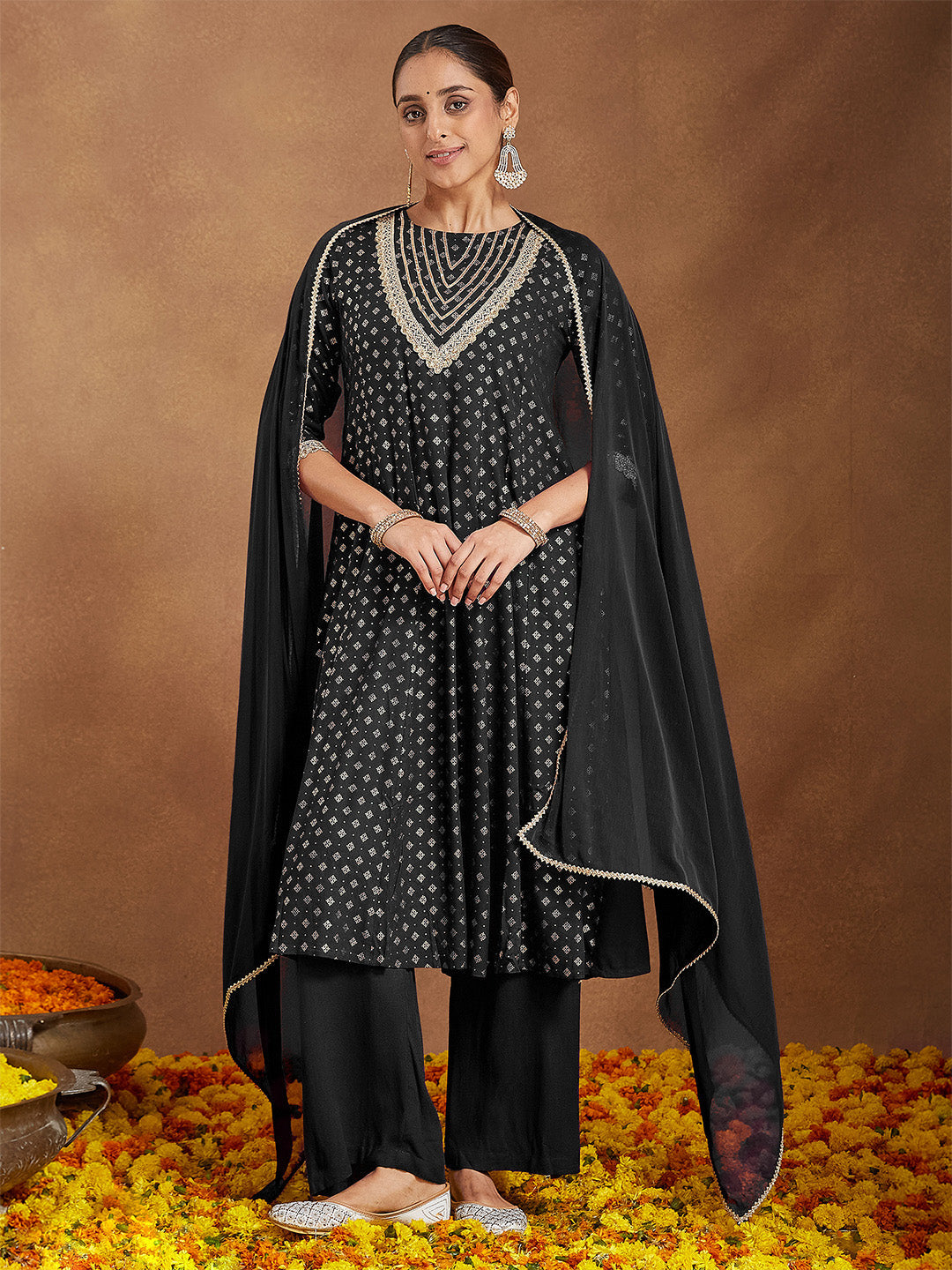 Naari By Shree Women's Black Rayon Foil Print & Embellished Anarkali Kurta Set
