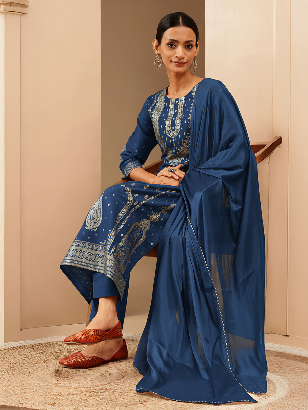 Naari By Shree Women's Teal Blue Silk Blend Ethnic Gold Printed Straight Kurta Set