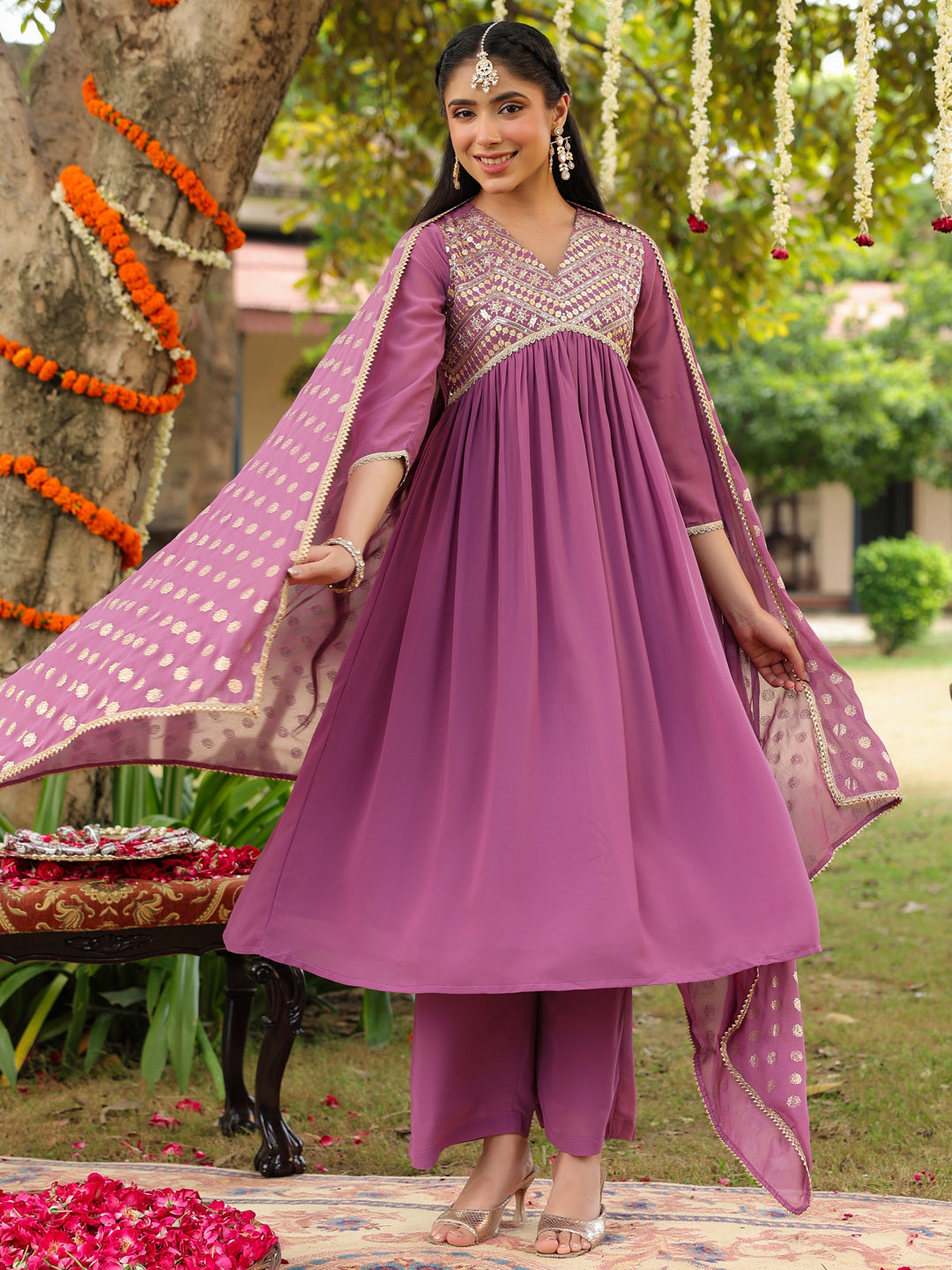 Naari By Shree Women's Lavender Georgette Embellished A-line Kurta With Palazzo & Dupatta Set