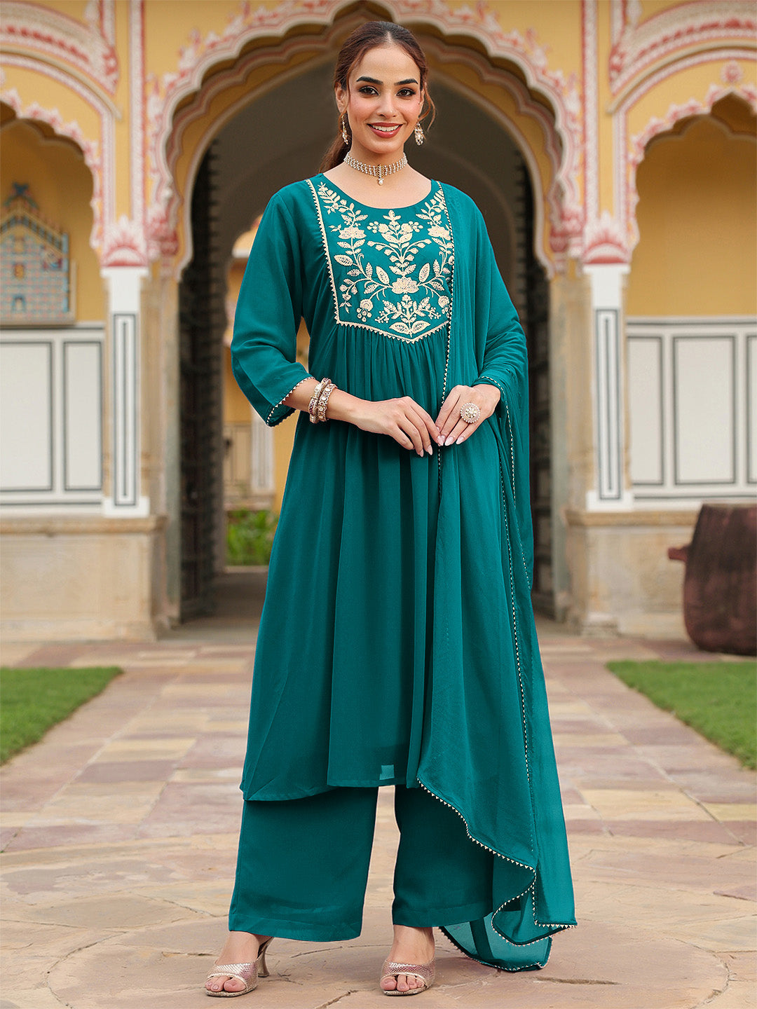 Naari By Shree Women's Teal Green Georgette Embroidered A-line Kurta With Palazzo Dupatta Set