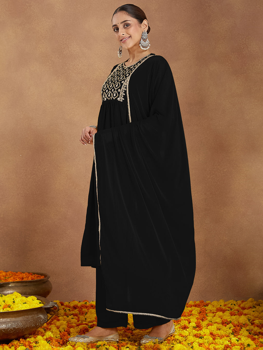 Naari By Shree Women's Black Georgette Zari Yoke Embroidered A-line Kurta With Palazzo & Dupatta Set