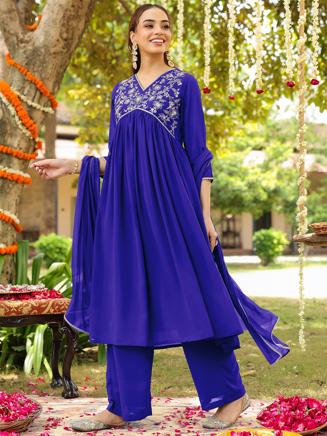 Naari By Shree Women's Royal Blue Georgette Zari Yoke Embroidered A-line Kurta With Palazzo & Dupatta Set