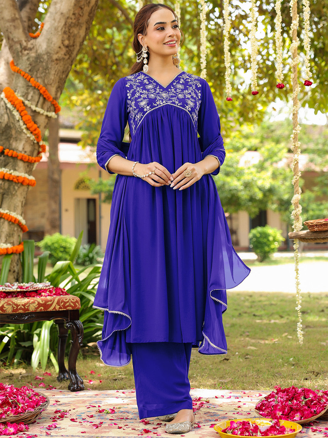 Naari By Shree Women's Royal Blue Georgette Zari Yoke Embroidered A-line Kurta With Palazzo & Dupatta Set